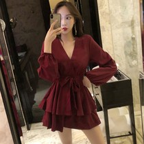 Spring and autumn new womens loose thin sexy temperament V collar long sleeve strappy small man dress A- line dress women
