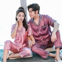Spring and summer men and women ice silk sexy noble couple pajamas Mens summer silk short-sleeved suit home clothes