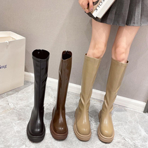 2021 new soft skin slim long boots female thick soled Joker British wind Net red high boots fashion Knight boots