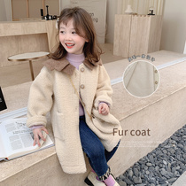 Girls plush coat childrens clothing 2021 Winter clothing new childrens long leather wool one particle velvet baby coat