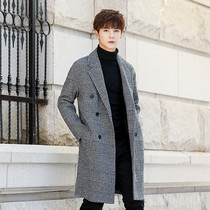 Rich bird trench coat male long 2021 autumn and winter New Korean version of British woolen coat loose plaid coat