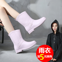 Rainshoes womens fashion outer wear middle-tube water shoes womens rain boots Korean cute work shoes kitchen waterproof non-slip rubber shoes