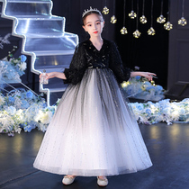 Black long sleeve princess skirt small host banquet evening dress girl birthday puffy gauze dress high-end Western fairy
