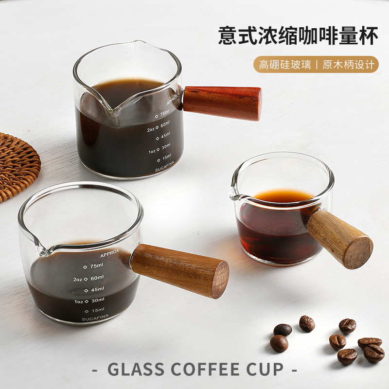 日本インガラス木製ハンドル目盛り付き小さなミルクカップ濃縮ラテエスプレッソ小さな計量カップ小さなミルクジャグミルクタンク