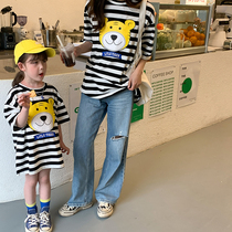 Summer Mothers daughter dress 2022 new wave trendy striped short sleeve suit children girl T-shirt two sets of damp