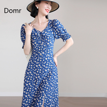 Blue daisy dress womens 2021 new summer pinched pleated V-neck thin medium-long tea break floral skirt