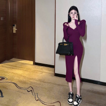 Fall 2022 new purple hooded long sleeve slim bag hip desire anemone purple super white high split dress