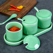 Ceramic seasoning pot Seasoning box set Household combination Longquan celadon with spoon Seasoning pot Salt monosodium glutamate jar