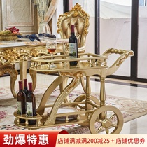 European dining car solid wood carved Luxury noble gold Mobile hand push tea car Villa home wine delivery car