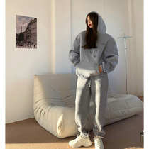 Small Gray plus velvet thickened Sportswear hooded sweater pants two-piece set 2021 autumn and winter New Women