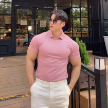 Muscle Fitness Sibling Dog Summer V Collar Sports Polo Shirt Flap lower elastic body short sleeve T-shirt Korean version Leisure