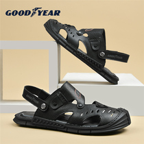 Goodyear Genuine Leather Sandals Mens Summer New Outwear Casual Soft Bottom Beach Shoes Men Dual-use Cool Slippers Men
