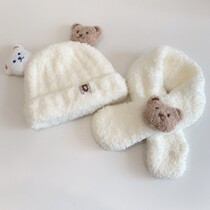 Japanese bear plush baby hat autumn and winter baby hat scarf all-in-one two-piece childrens warm ear protection hat