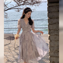 French high-end exquisite long skirt texture high-end waist purple floral dress womens summer 2023 new style