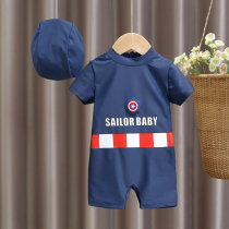 Childrens swimsuit one-piece boy quick-drying short-sleeved swimming cap equipped with childrens new baby seaside holiday swimwear