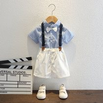 Boys suit new summer childrens plaid shirt bib pants three-piece set 2021 handsome baby summer dress