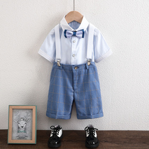 Childrens suit summer short-sleeved thin English suit Boys strap pants suit flower girl dress