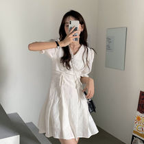 Summer Korean version 2021 new waist slim drawstring White Platycodon grandiflorum skirt first love pleated short sleeve dress children