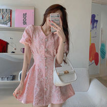 Three-dimensional relief French dress womens summer V-neck waist small man bubble sleeve careful machine backless short skirt