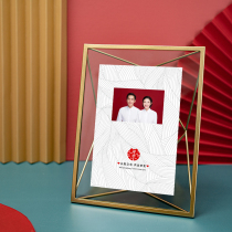 北欧金属创意玻璃照片相框摆台4寸6寸7寸结婚情侣登记照个性横框