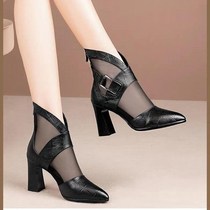 Cool boots female 2019 spring pattern leather net gauze Baotou high heel sandals thick heel pointed hollow net boots size