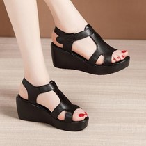 Sandals female 2021 New slope heels with muffin thick bottom high heel waterproof table fish mouth flat mother sandals