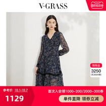vgrass Vigna 2021 Autumn New V collar temperament pastoral style floral dress GSLQM38420