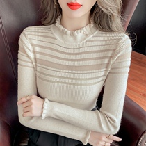 Base shirt female spring and autumn French T-shirt temperament small shirt wooden ear half high collar net gauze long sleeve inside chic top