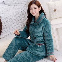 (three layers thick) coral fleece cotton pajamas women winter plus velvet warm plus size middle-aged mother home clothing