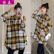 Pregnant women autumn suit fashion trendy mom skirt spring and autumn top Womens long-sleeved shirt autumn and winter plaid dress