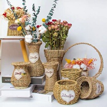 Weaving Straw flower pot dried flower vase ornament rattan pastoral bamboo woven flower arrangement flower basket wall hanging decoration household basket