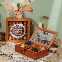 Creative wooden storage box Desktop student dormitory sundries finishing box Divided grid Nine squares covered transparent acrylic