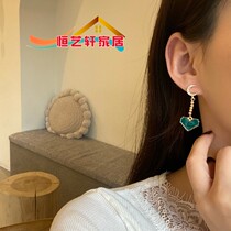 S925 silver needle Korea asymmetric star Moon inlaid earrings earrings temperament dark green love drops oil ear clip 2941