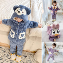 Childrens pajamas winter plus velvet thickened boys autumn and winter flannel girls baby coral velvet home clothing winter
