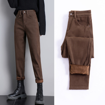 High-waisted plus velvet jeans womens autumn and winter 2021 New slim slim loose old father pants womens small feet Haren pants