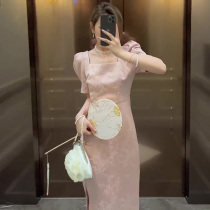 French retro Chinese improved cheongsam young girl style national style temperament square collar pink dress summer high sense