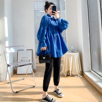 Spring Autumn Clothing Big Code Pregnant Woman Shirt With Dress Shirt Dress Slim Fit Pregnancy Doll Collar Blue Shirt Can Breastfeed