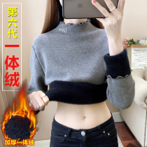 Autumn and winter one velvet sweater female wooden ear half high collar Joker 2021 New Interior plus velvet thickened base shirt