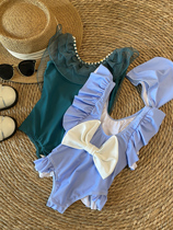  IN BLUE Baomao welfare spring and summer new girls pearl mesh bow cute one-piece swimsuit swimsuit