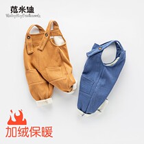 Baby plus velvet backpack pants 1-3 years old 2 children pants warm and thick Foreign can opener trousers baby jumpsuit