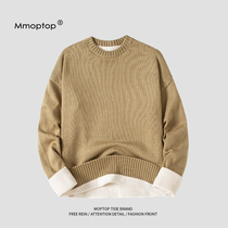 MMOPTOP sweater boys round neck trend autumn and winter loose Joker plus velvet thick winter solid color sweater men