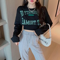 Short sweater women chic early autumn clothing 2021 new long sleeve T-shirt ins waist design sense special top black