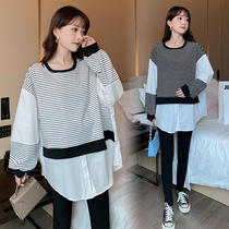 Pregnant women Autumn New stripes fake two loose long sleeve coat Spring and Autumn wear large size non-wearing T-shirt skirt