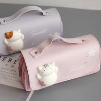 Cute double double zipper pen bag female Korean version of hipster large capacity Junior High School creative student stationery bag girl Korean stationery storage bag Oxford cloth stationery box Primary School students cherry blossom pencil bag