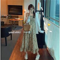  Summer new fat sister plus size 200 kg Korean version of all-match thin suspenders floral dress white shirt suit