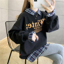Large size womens 2021 New plus velvet padded fake two-piece sweater womens autumn and winter fat mm foreign-aged spring and autumn blouse