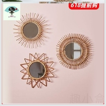 Nordic ins Japanese homestay Wall rattan decorative mirror cosmetic mirror art decorative round mirror wall hanging mirror