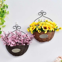 Wall-mounted rattan flower basket hanging wall pastoral living room bedroom wall wall decoration wrought iron green flower pot pendant