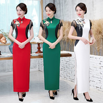 Catwalk cheongsam 2021 new long high-end elegant Chinese style stage performance suit Middle-aged banquet dress female