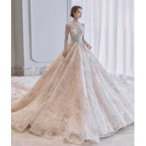 High-end luxury main wedding dress 2021 new temperament bride French starry sky court smearing thick arm small man